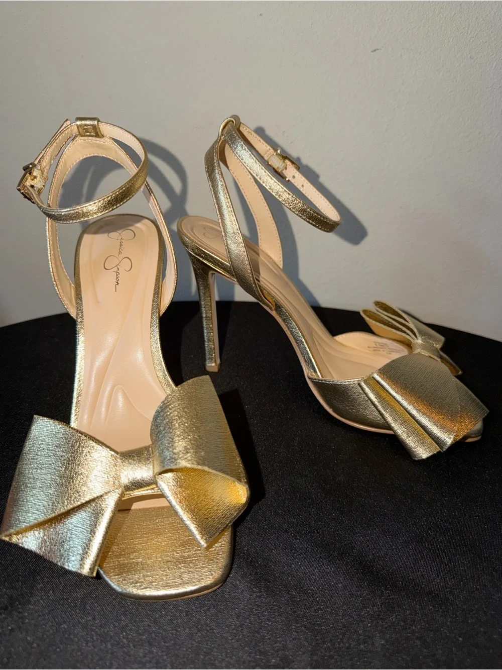Jessica Simpson “Olivine” Gold Bow Ankle-Strap High Heels